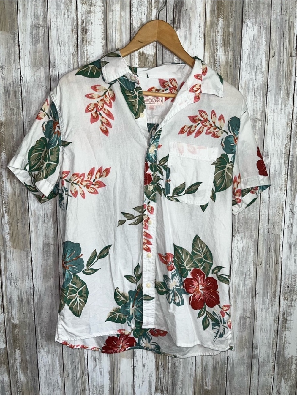 American Eagle Tropical Floral Button Up Shirt Mens Cotton Linen Hawaiian Summer - Picture 2 of 7